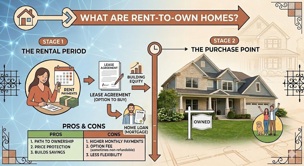 An educational infographic illustrating the rent-to-own home process. The layout is divided into two main stages: Stage 1 shows "The Rental Period" with a woman signing a lease, making rent payments, and building equity. Stage 2, "The Purchase Point," shows a man securing a home loan and transitioning to a happy couple celebrating in front of a blue suburban house with an "Owned" sign in the yard. A central vertical arrow represents the passage of time (3-5 years), and a "Pros & Cons" table at the bottom lists benefits like price protection and path to ownership alongside drawbacks like higher monthly payments and non-refundable fees.