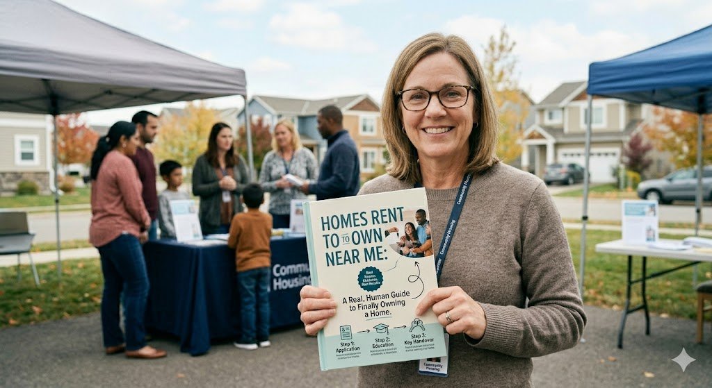 A friendly woman in a brown sweater stands outdoors holding a guidebook titled "Homes Rent to Own Near Me: A Real, Human Guide to Finally Owning a Home." In the background, a community housing event is taking place with people and suburban houses.