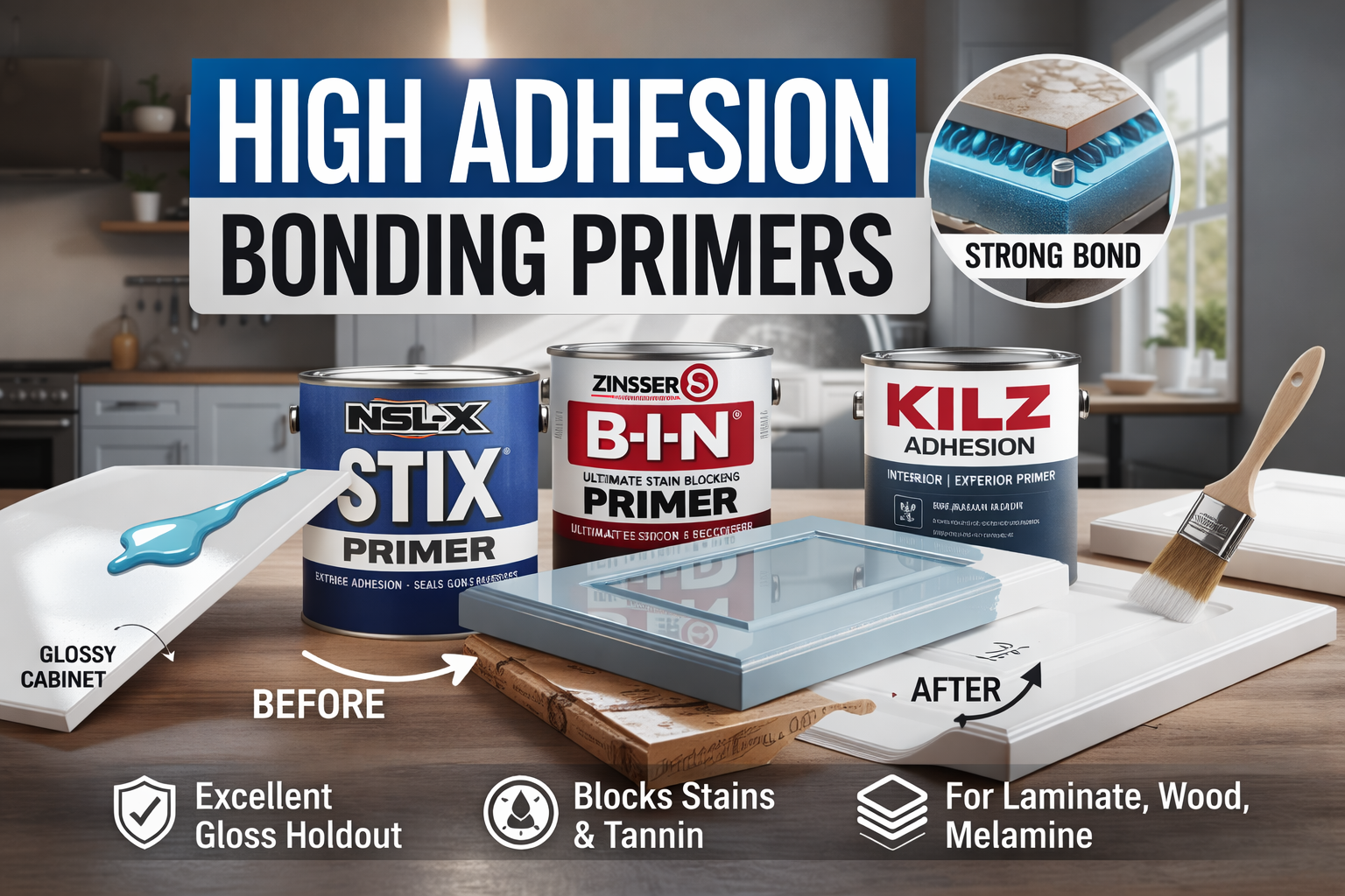 High adhesion bonding primers for kitchen cabinets showing before-and-after results and strong paint bonding.