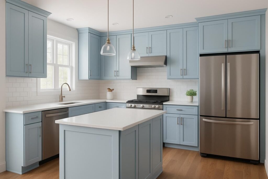 Modern kitchen with soft blue cabinets, white countertops, stainless steel appliances, and a central island under pendant lighting.