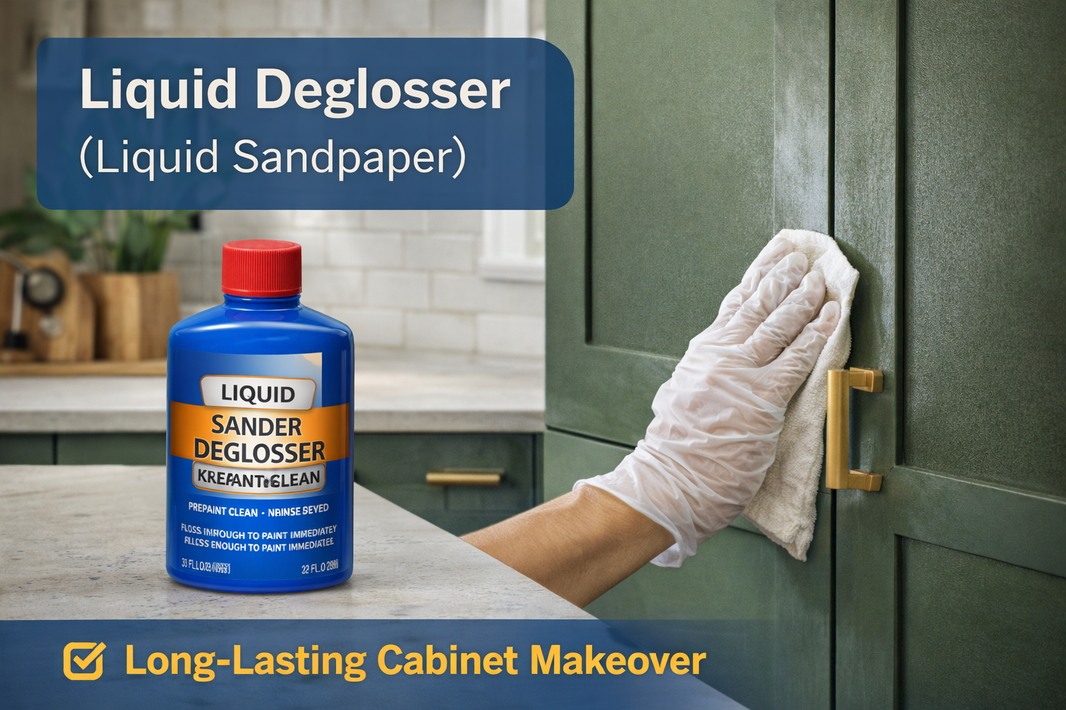 Hand cleaning a green kitchen cabinet with liquid deglosser (liquid sandpaper) for a long-lasting cabinet makeover.
