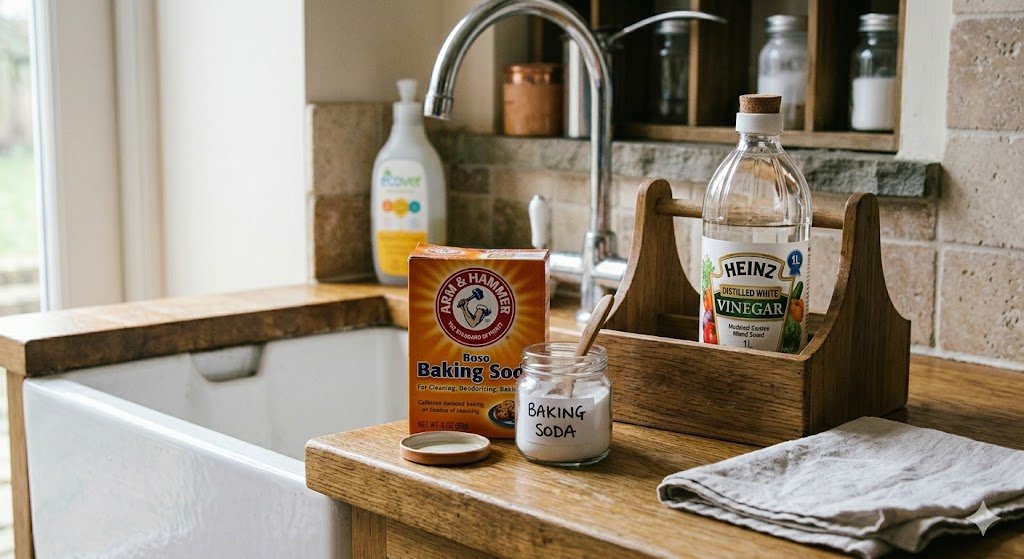 A bright, clean kitchen setup showcasing the two stars of natural home maintenance. On a warm wooden countertop sits a classic orange box of baking soda and a small glass jar with a hand-written "Baking Soda" label. Next to them, a tall glass bottle of distilled white vinegar with a cork stopper is tucked into a rustic wooden caddy. The background features a white farmhouse-style sink and a sleek chrome faucet, creating a cozy, organized, and eco-friendly DIY cleaning scene.