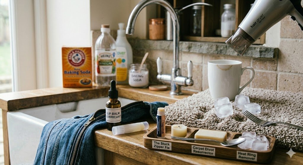 A close-up, cozy kitchen scene showcases three easy "do-it-yourself" fixes for common household annoyances, grouped on a wooden countertop in a rustic tray. On the left, a bottle of lip balm lubricant and a zipper repair kit sit next to a denim jacket, labeled "The Stuck Zipper Fix." In the center, a small section of a textured carpet is covered with several ice cubes, next to a spoon, labeled "Carpet Divot Resurrector." On the right, a white porcelain mug has a white heat ring mark, and a hair dryer is hovering above it, labeled "Heat Ring Remover." Natural daylight illuminates the scene from a nearby window, with a farmhouse sink and tiled backsplash in the background.