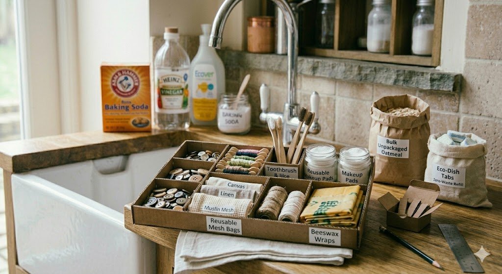 A visually satisfying kitchen scene featuring eco-conscious organization hacks. In the center, a shallow cardboard box has been repurposed into a custom drawer organizer with divided sections holding wooden buttons, thread spools, and folded fabrics like linen and muslin. Surrounding the organizer are other zero-waste items: bamboo toothbrushes in a small cardboard slot, reusable makeup pads in glass jars, and beeswax wraps. In the background, bulk paper bags labeled "Unpackaged Oatmeal" and "Eco-Dish Tabs" sit on the wooden counter near a classic white farmhouse sink, emphasizing a practical, plastic-free lifestyle.