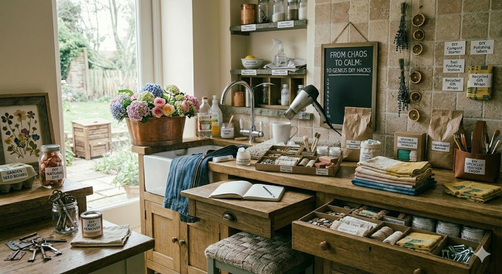 A panoramic, wide-angle view of a rustic, sun-drenched kitchen and workshop area that serves as a hub for home hacks. The wooden countertops are filled with clever DIY projects: a cardboard drawer organizer filled with sewing supplies, a hair dryer removing a heat ring from a mug, a jar of "DIY Rust Remover" with vintage keys, and "Garden Seed Bombs" in an egg carton. A blackboard on the tiled wall is titled "From Chaos to Calm: 10 Genius DIY Hacks," listing numbered steps. In the background, a copper tub filled with colorful hydrangeas sits by a white farmhouse sink, while a large window opens up to a lush, green garden, blending indoor productivity with outdoor tranquility.