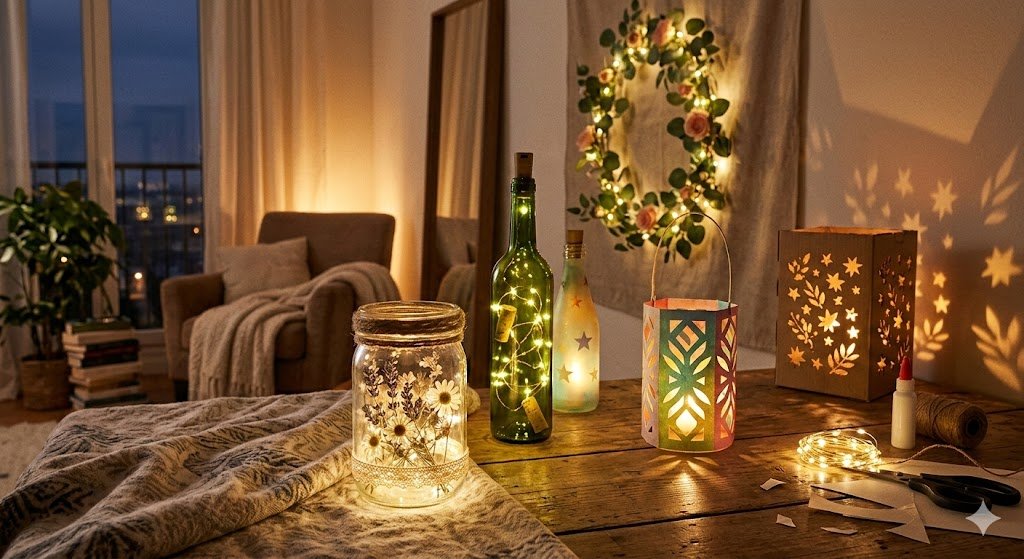 A cozy evening room setup featuring various DIY light crafts: a mason jar filled with fairy lights and dried flowers, a green glass bottle with string lights, a colorful paper lantern, and a cardboard shadow box casting leaf and star patterns on the wall. A floral lit wreath hangs in the background.