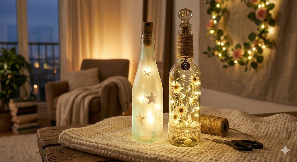 Two repurposed wine bottles transformed into decorative lamps sitting on a rustic table. One bottle has a frosted finish with star cutouts, and the other is clear glass filled with fairy lights, daisies, and pebbles, wrapped in twine. The background shows a cozy, warm-lit living room.