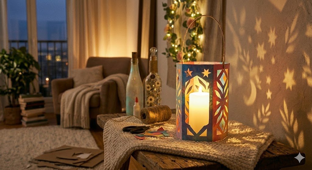 A close-up view of a glowing, handmade paper lantern with geometric, star, and crescent moon cutouts. It has a twine handle and a lit pillar candle inside, casting intricate patterns onto the wall behind it. The lantern sits on a rustic wooden stool with a knitted throw blanket. In the background of the cozy living room, there are decorated glass bottles, a floral wreath with fairy lights, and an armchair by a window at dusk.