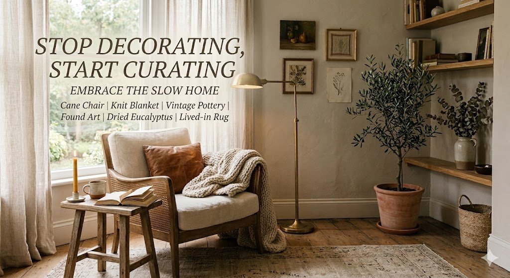 A thoughtfully curated reading nook in a 'Slow Home' style, featuring a cane-back armchair, warm brass lighting, a large olive tree, and a specific list of curated elements, promoting a mindful design philosophy.