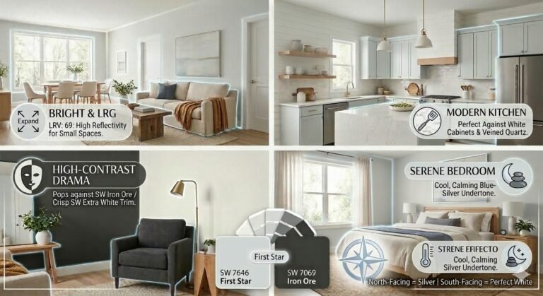 A high-contrast interior design featuring a dark SW Iron Ore accent wall next to a light SW First Star wall with a gray armchair.