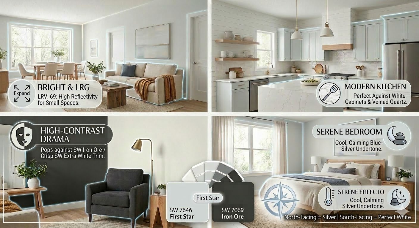 A high-contrast interior design featuring a dark SW Iron Ore accent wall next to a light SW First Star wall with a gray armchair.