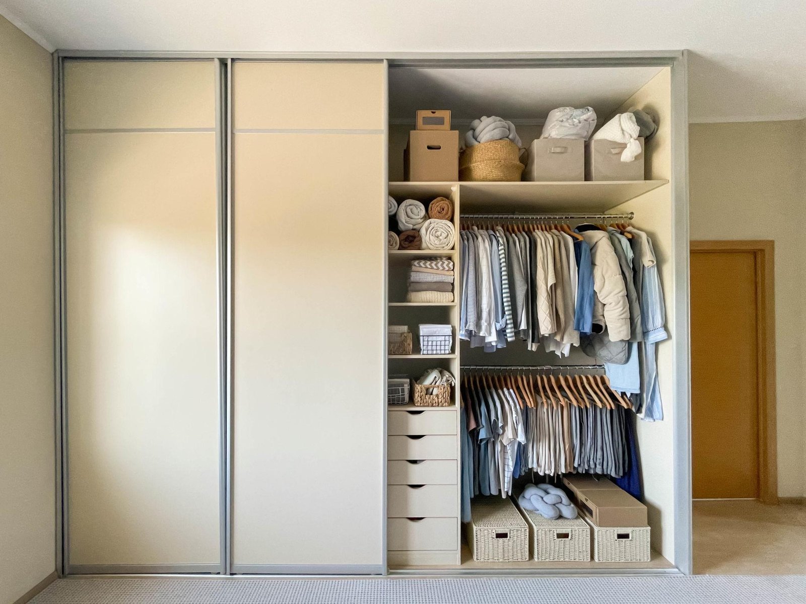 A large reach-in closet with cream-colored sliding doors, one of which is open to reveal a highly organized interior. The closet features double hanging rods for shirts and pants, a vertical shelving unit with rolled linens and baskets, a chest of drawers, and woven storage bins neatly tucked into the top and bottom sections.