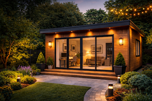 Contemporary wooden garden room with large glass doors and warm lighting in a landscaped backyard at dusk