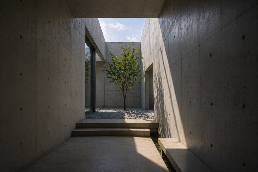 minimalist concrete courtyard with tree and natural light reflecting Tadao Ando architectural philosophy