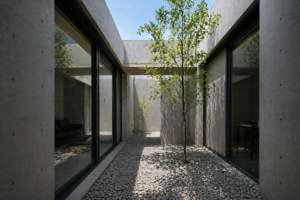 entral courtyard in minimalist concrete house with tree and natural light from open roof