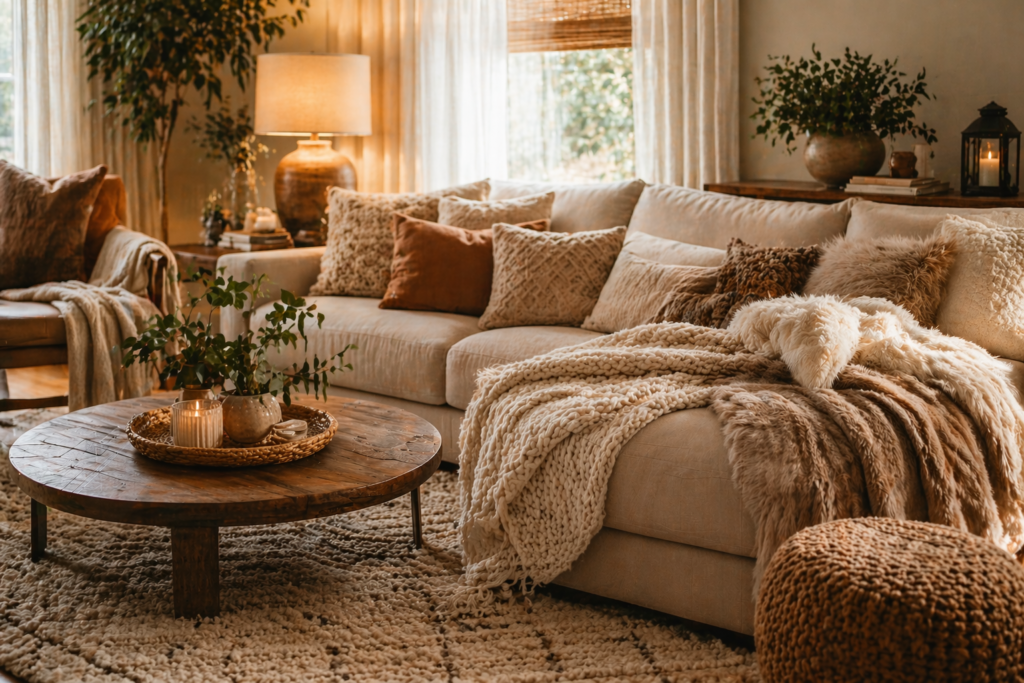 Neutral-toned living room featuring cushions, blankets, and warm ambient lighting