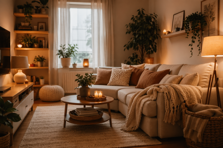 Cozy small living room with warm lighting, beige sofa, soft blankets, and indoor plants