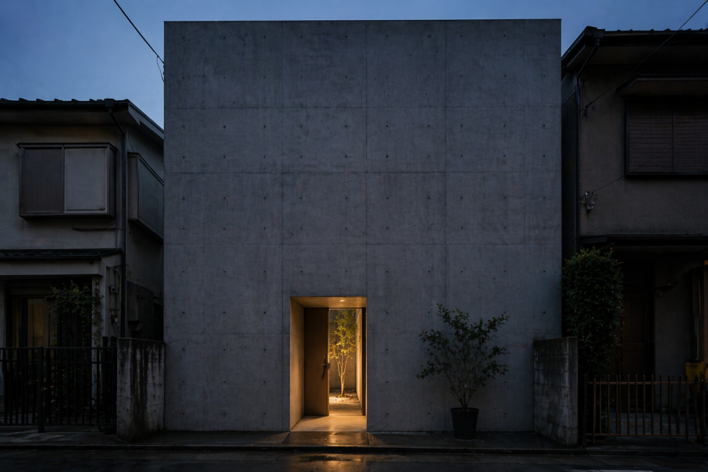 minimalist concrete house exterior with closed facade and warm entrance creating private urban sanctuary