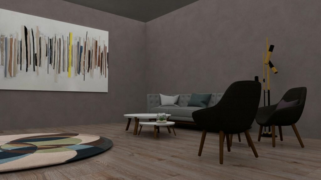 Modern living room with a round area rug defining the seating space and wooden flooring