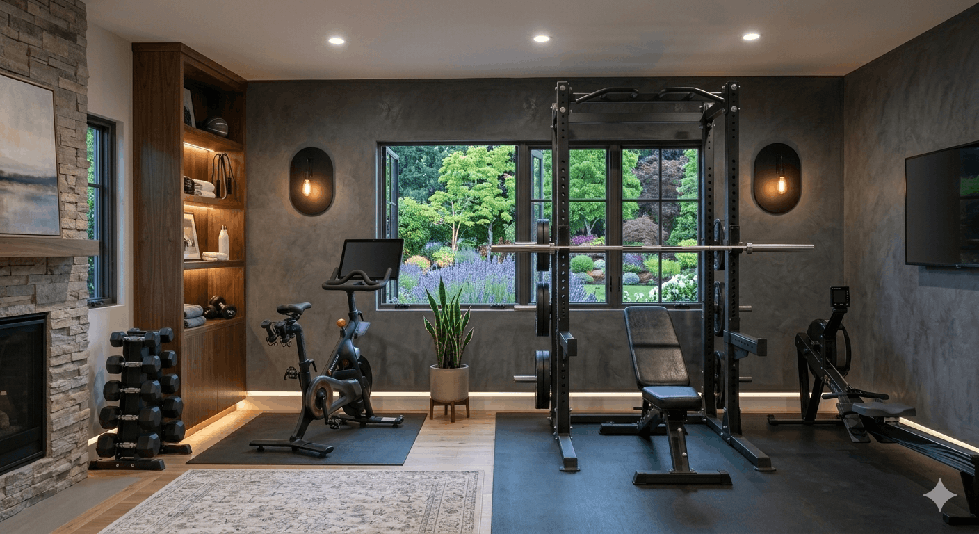 A luxury professional home garden gym interior featuring high-end dark charcoal strength equipment, an elliptical machine, a Peloton-style bike, built-in wooden shelves, and a large window overlooking a lush garden, designed with warm ambient wall lighting by Dr Homey