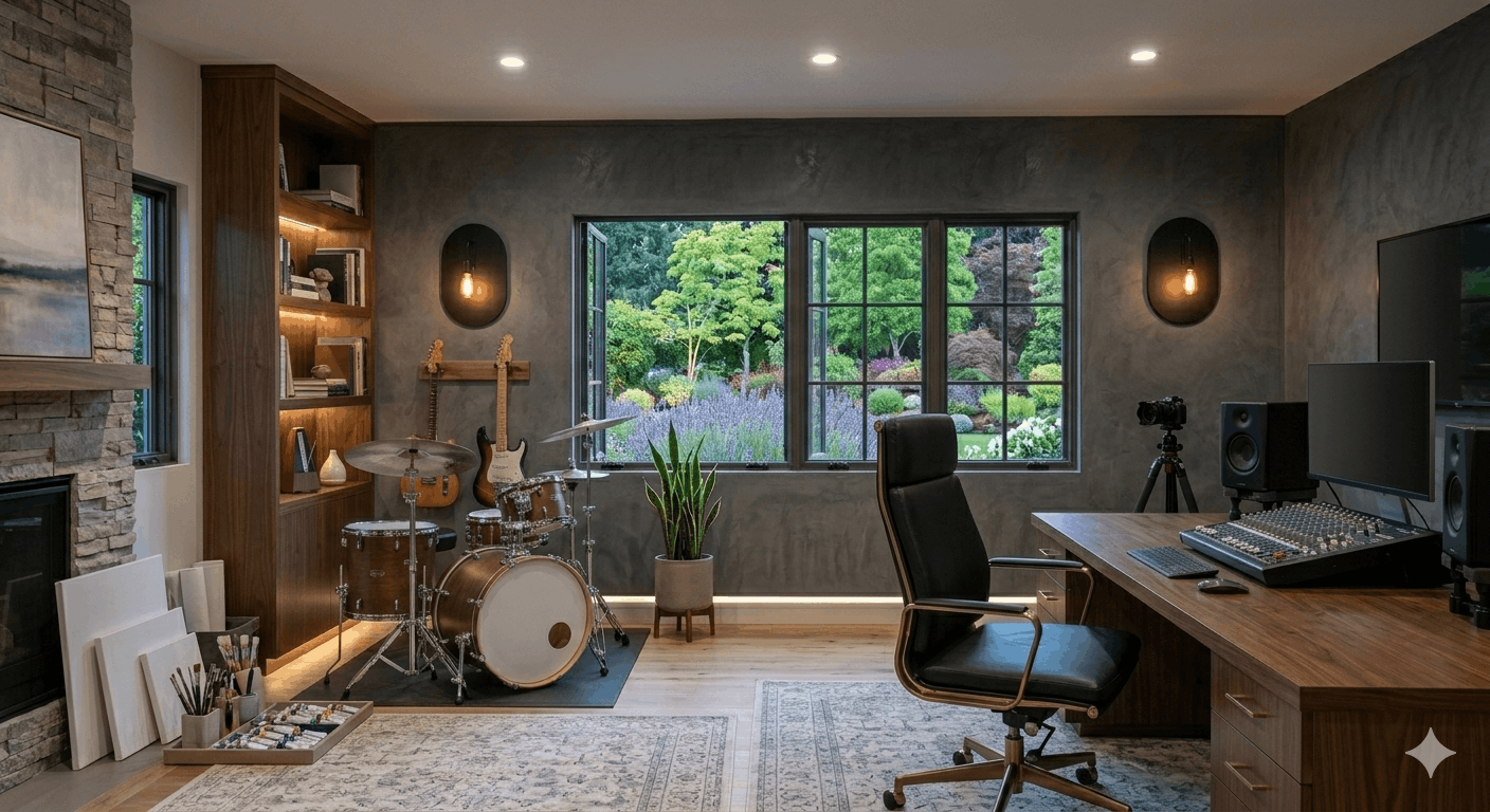 A luxury professional home art and music studio interior featuring high-end recording equipment, multiple mixing consoles, unbranded monitors, and a complete acoustic drum kit, set in a spacious room with warm ambient wall lighting by Dr Homey