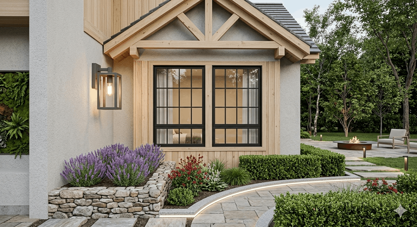 A sustainable Scandinavian Eco-Hygge house exterior featuring natural cedar wood cladding, dark metal multi-pane casement windows, stone wainscoting, and a curved paved path with linear LED lighting, designed by Dr Homey.
