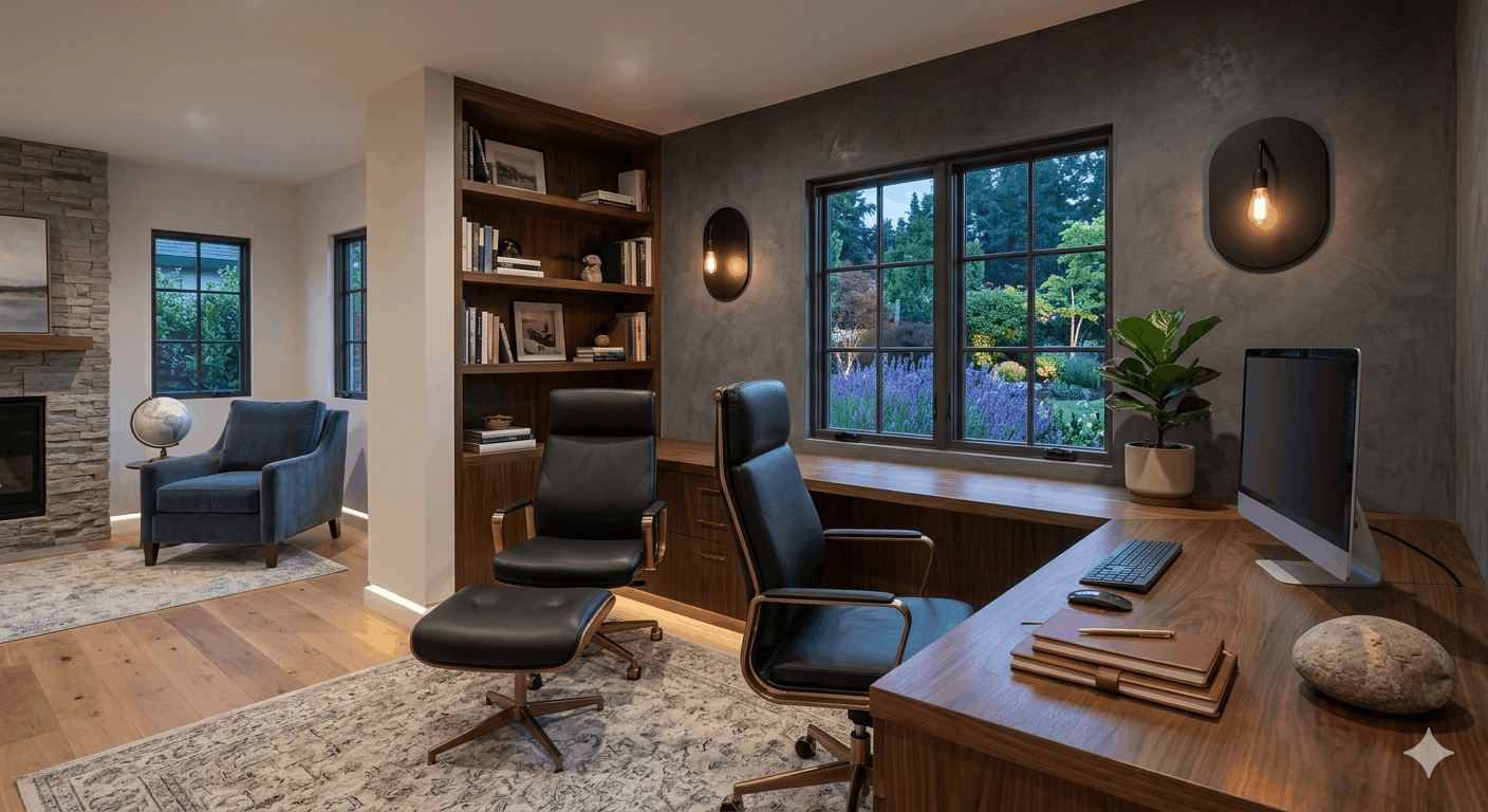 A luxury executive home office featuring a large walnut wood desk, professional black leather chairs, built-in bookshelves, and a large window overlooking a lush garden, designed with warm ambient wall lighting