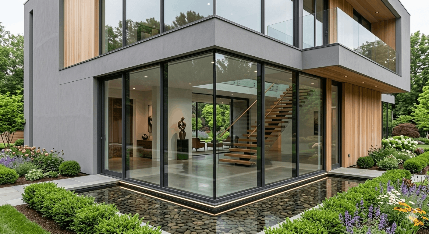 A close-up view of a modern minimalist house section, known as the 'Glass Box,' featuring massive floor-to-ceiling glass panels with dark grey aluminum frames, seamlessly integrated with smooth grey stucco and vertical cedar wood cladding. A glimpse of the interior with a polished concrete floor and floating staircase is visible, surrounded by a manicured low hedge, flowering perennials, and a modern water feature with river stones, designed by Dr Homey.
