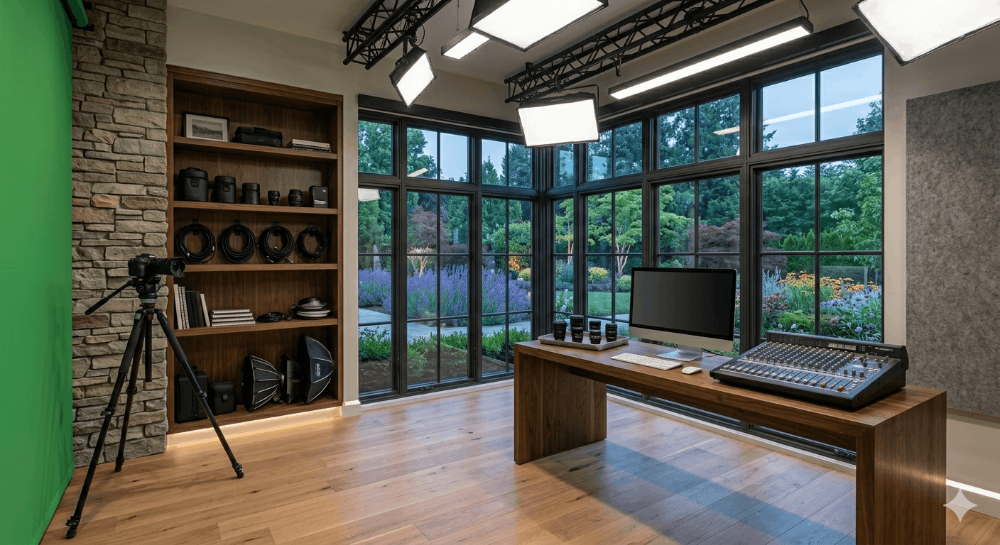 A luxury professional home industrial content studio interior featuring high-end recording equipment, multiple mixing consoles, unbranded monitors, and a complete green screen area, designed with warm ambient wall lighting by Dr Homey.