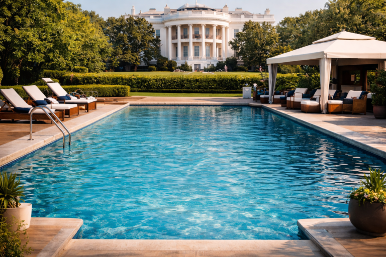 Outdoor swimming pool at the White House with lounge chairs, cabana seating, and the White House building in the background on a sunny day