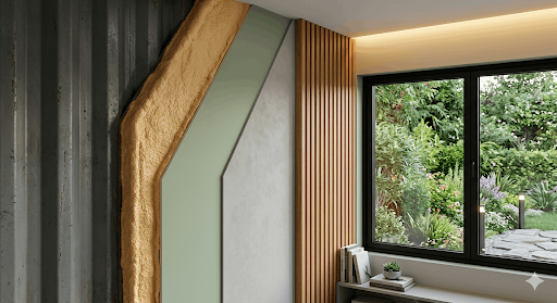 A dissected wall section of a container home interior showing closed-cell spray foam insulation between corrugated steel and modern drywall, finished with wood accents.