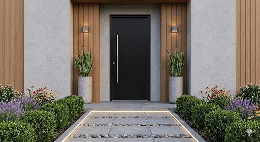 A symmetric view of a modern matte black container home entrance with concrete pavers, symmetrical planters, and biophilic landscaping, enhancing curb appeal.