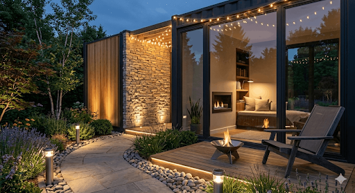 A cozy night view of a small container home with layered architectural lighting, a private deck, and a fire pit, showcasing the luxury and worth of container living.