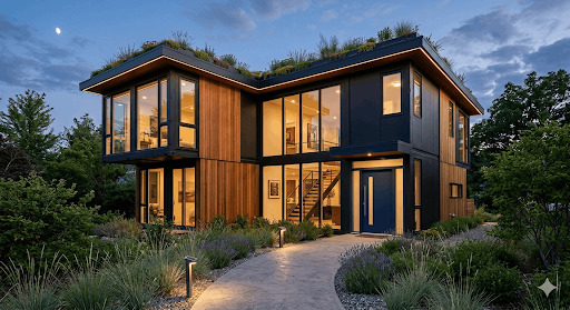 A luxury modern shipping container home with cedar cladding, large windows, and a green rooftop garden at twilight, showcasing simple exterior design ideas.