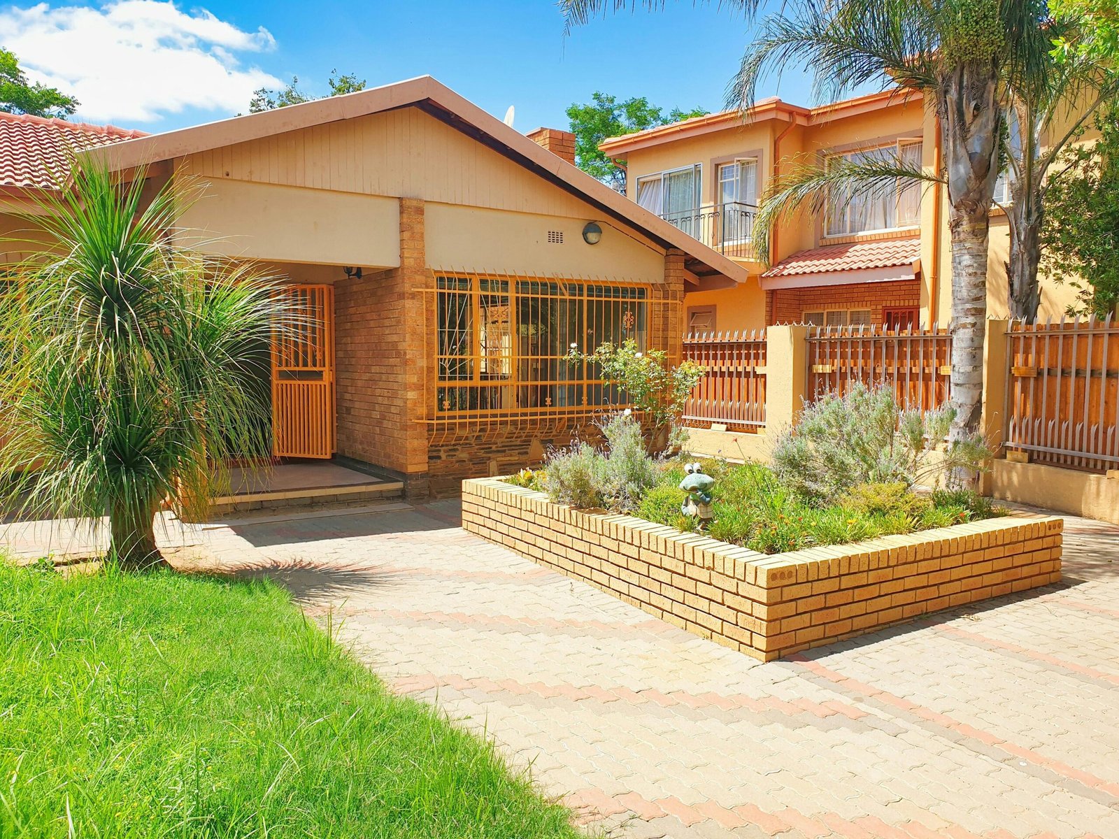Cozy residential house with brick walls, front garden, and clean outdoor design