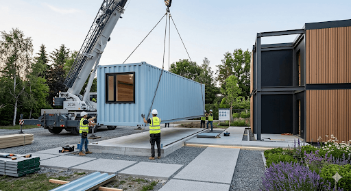 A crane lowering a fully-insulated, pre-finished modular shipping container unit onto a foundation, highlighting the speed of construction for small container houses.