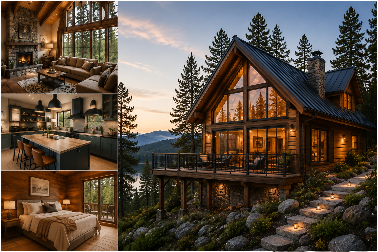 Photorealistic collage featuring a modern luxury cabin in a forest mountain setting with warm interior lighting, alongside cozy cabin living room, stylish kitchen, and rustic bedroom interiors.
