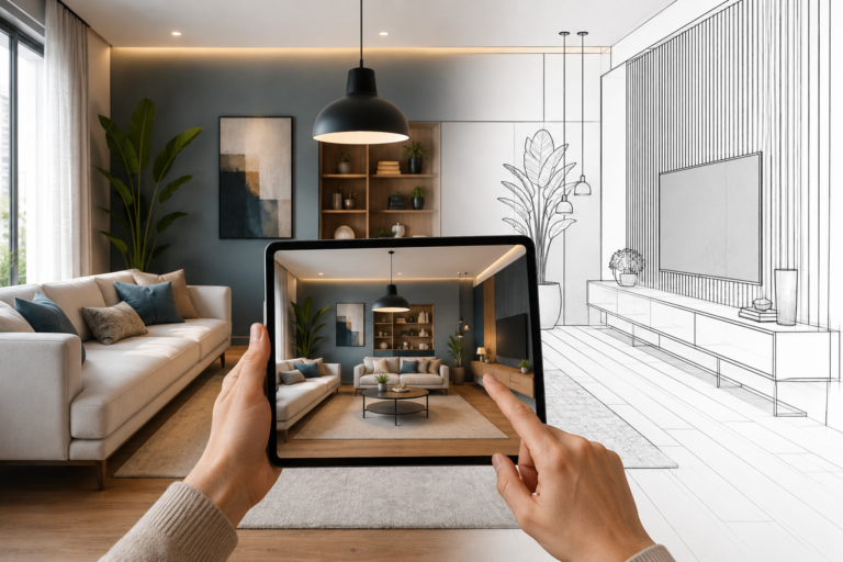 Photorealistic modern living room displayed through an AI room design generator, showing a digital interior redesign concept on a tablet with a realistic furnished space and architectural visualization for home renovation planning.