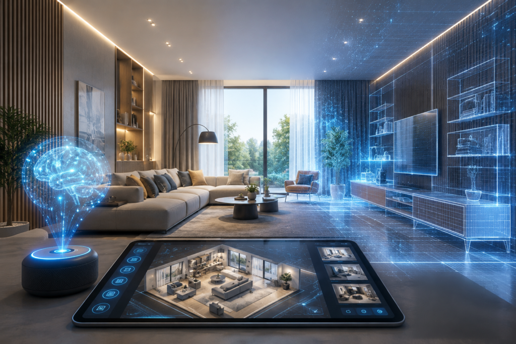 Futuristic smart living room showcasing AI-powered interior design technology with digital room visualization, holographic design elements, virtual furniture layouts, and advanced home planning tools in a modern luxury space.