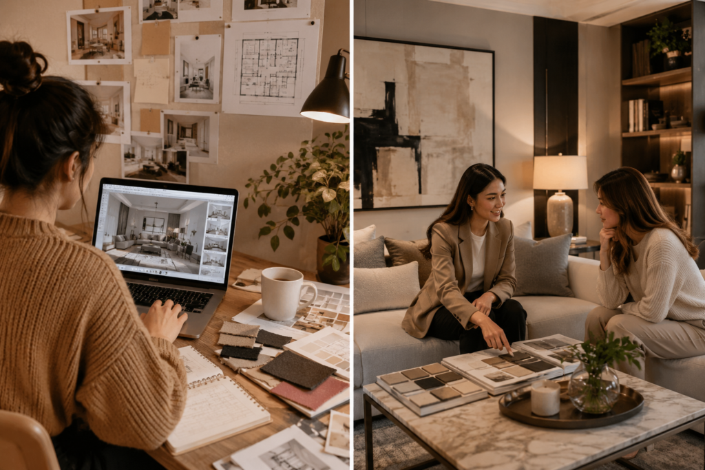 Split-screen comparison showing a person designing a room using digital tools and inspiration boards on a laptop on one side, and a professional interior designer consulting with a client in a stylish living room on the other. The image illustrates the difference between AI-powered room design and working with a human interior designer.