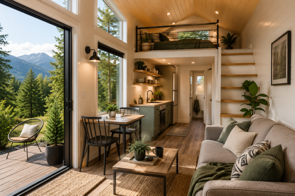 Bright and stylish interior of a modern tiny prefab home featuring a cozy living area, compact kitchen, loft bedroom, large windows with mountain views, and natural wood finishes, showcasing the comfort and practicality of tiny home living.