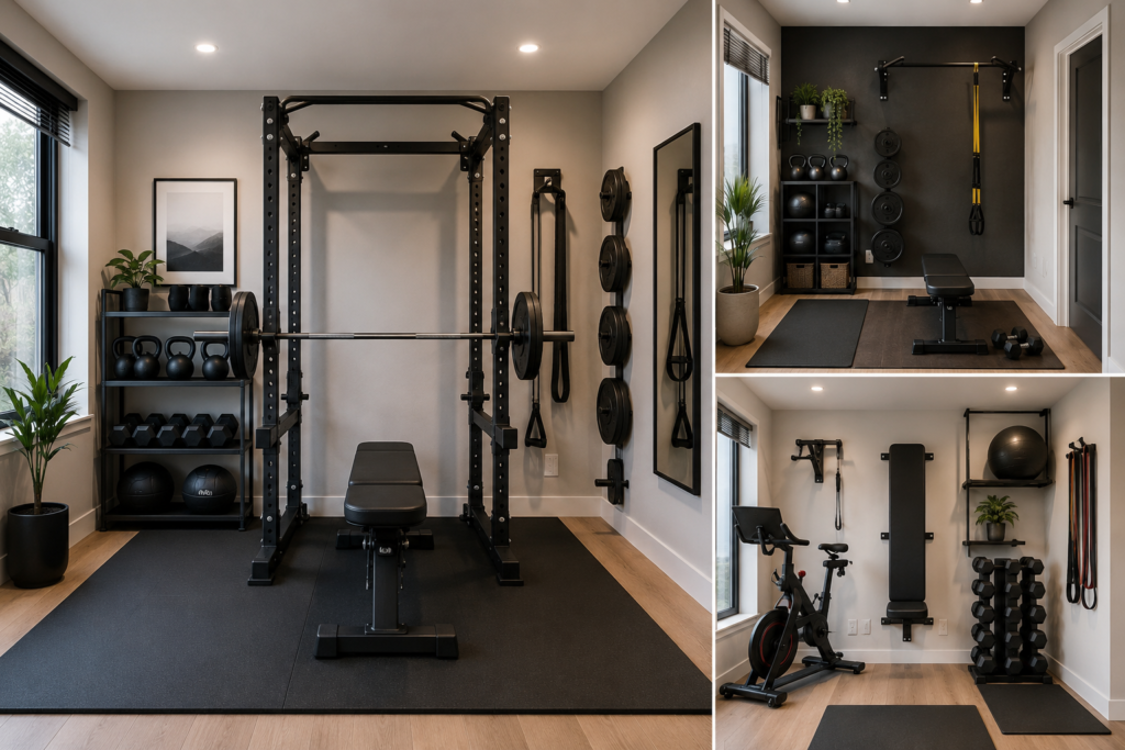 Modern small apartment home gym featuring a compact power rack, adjustable bench, rubber flooring, wall-mounted weight storage, dumbbells, kettlebells, resistance bands, and space-saving workout zones with a clean, minimalist layout.