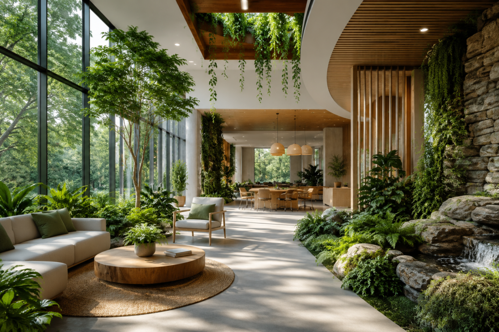 A bright, modern biophilic interior featuring floor-to-ceiling windows, abundant indoor plants, natural wood finishes, a cozy seating area, a stone water feature, and lush greenery that seamlessly connects the indoor space with the surrounding natural landscape.