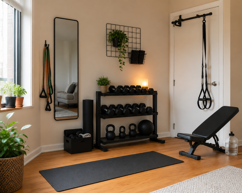 A compact apartment gym featuring a yoga mat, adjustable bench, dumbbells, kettlebells, resistance bands, a wall mirror, and suspension straps in a clean, organized corner with natural light and indoor plants.