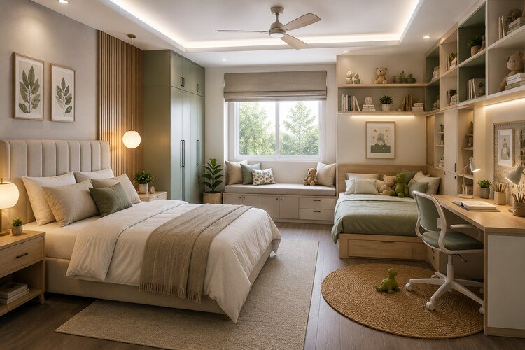 Comfortable bedroom design for small families with built-in storage, a study area, and modern furniture