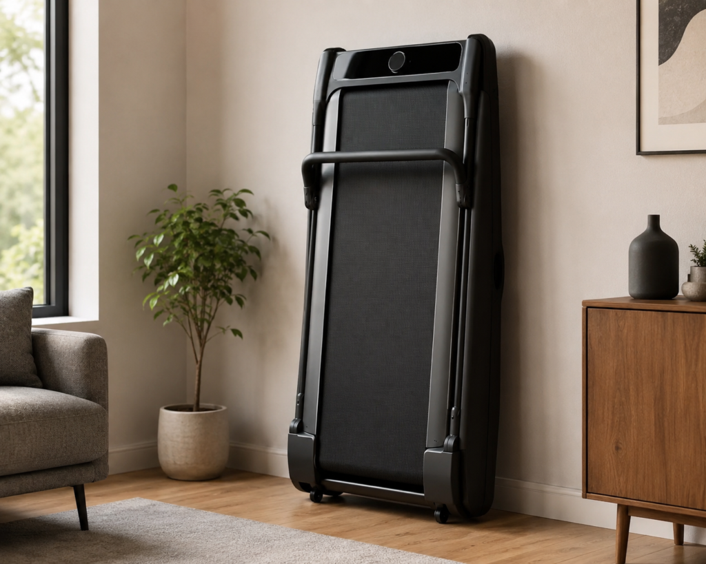 A sleek, foldable treadmill stored upright against the wall in a bright, modern living room with wooden floors, minimalist furniture, and a potted plant, showcasing a space-saving home cardio solution.