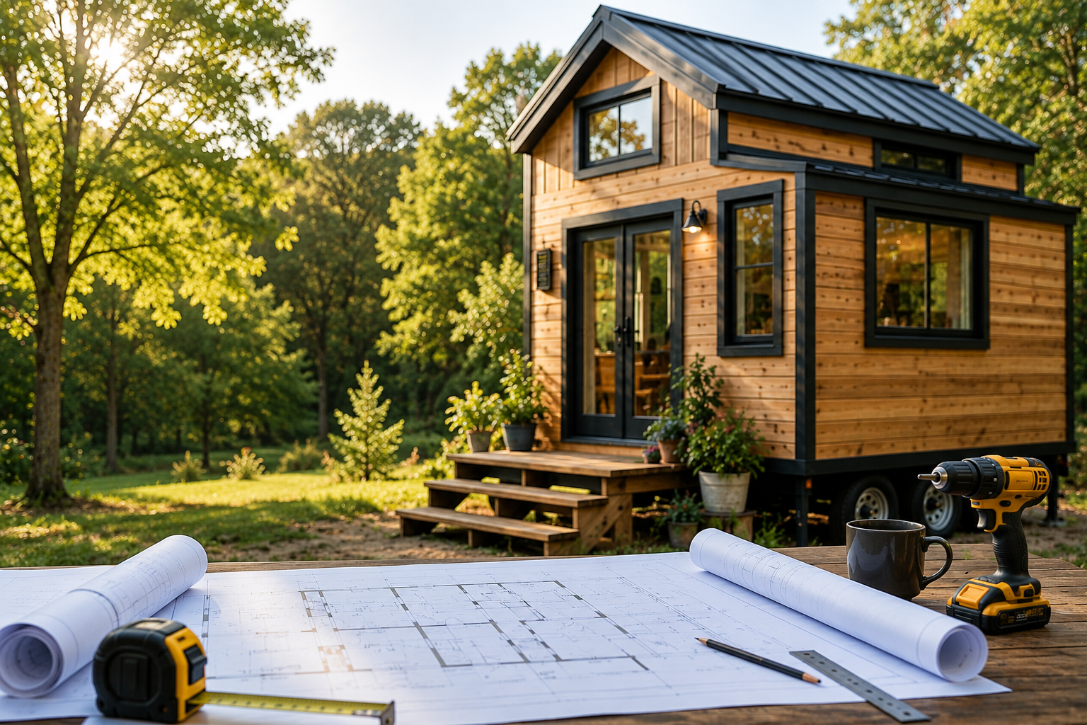 Custom tiny home under planning with detailed blueprints, construction tools, and a completed modern tiny house in a natural outdoor setting.