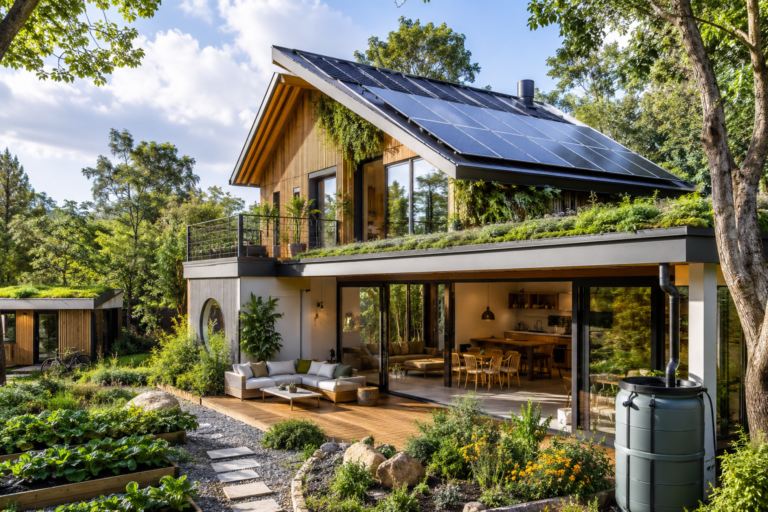 A modern eco-friendly home surrounded by lush greenery, featuring solar panels, a green roof, large glass windows, rainwater harvesting, and sustainable landscaping under bright natural daylight.