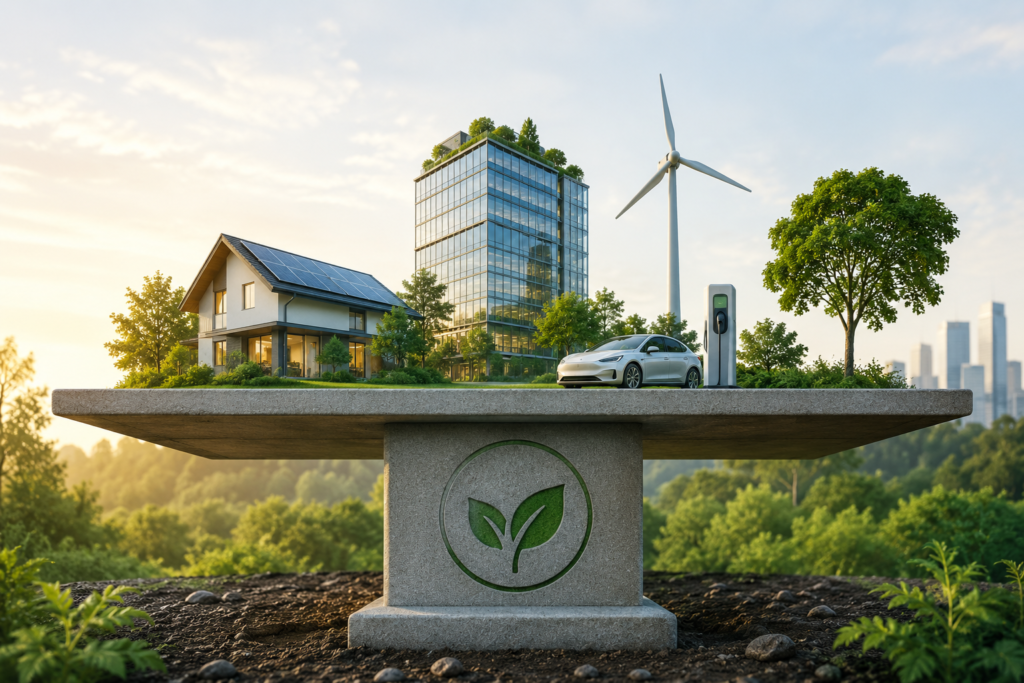 A modern eco-friendly home with rooftop solar panels, a green office building, a wind turbine, and an electric vehicle charging station displayed on a solid raised platform, symbolizing energy efficiency as the foundation of sustainable living. Trees, lush greenery, and a distant city skyline complete the clean, environmentally conscious scene.