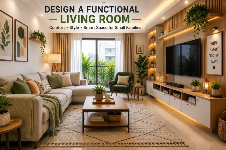 Functional living room design for small families with smart storage, modern furniture, and a spacious layout